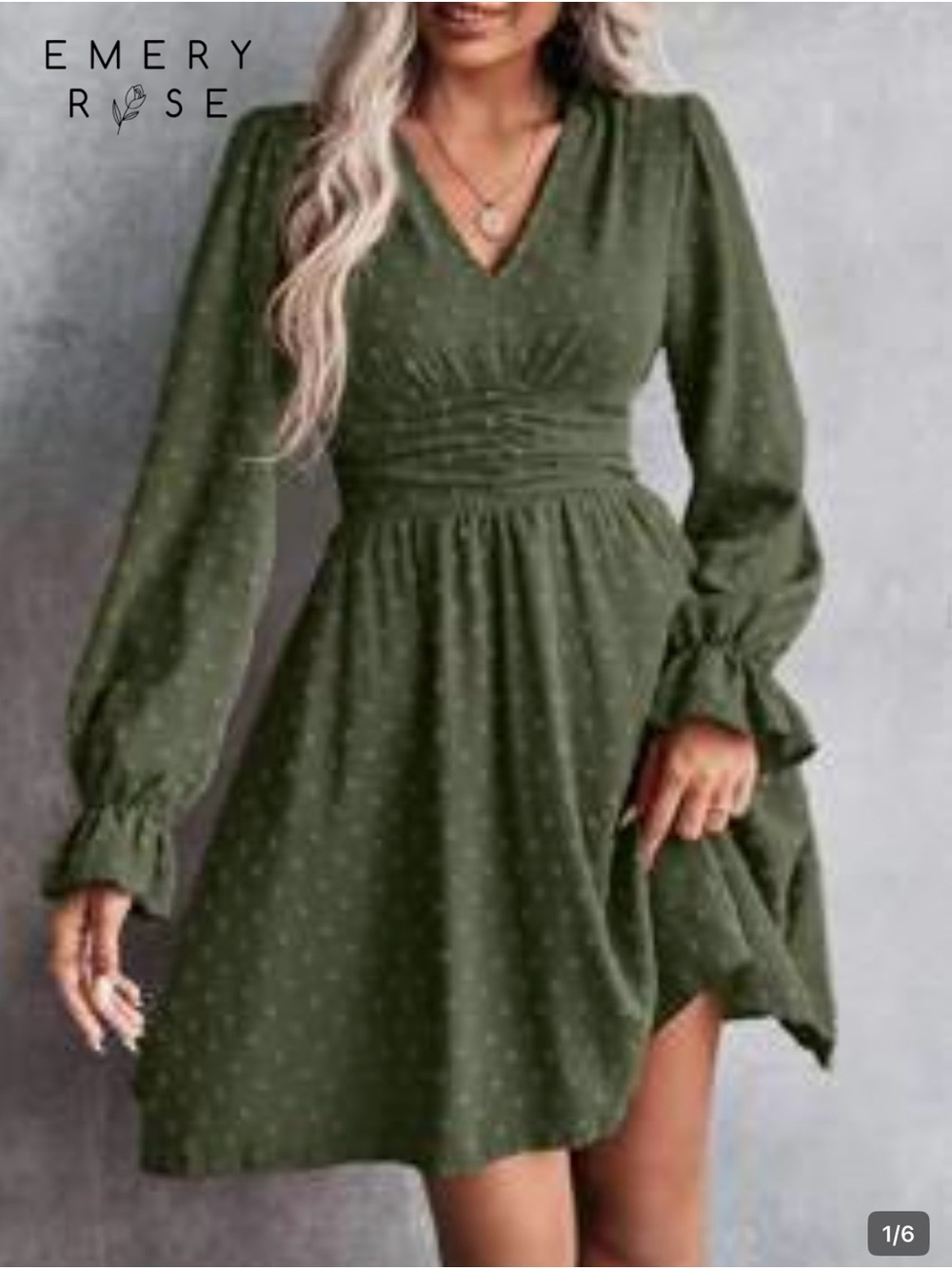 SHEIN Olive Green Long Sleeve V-Neck Dress
